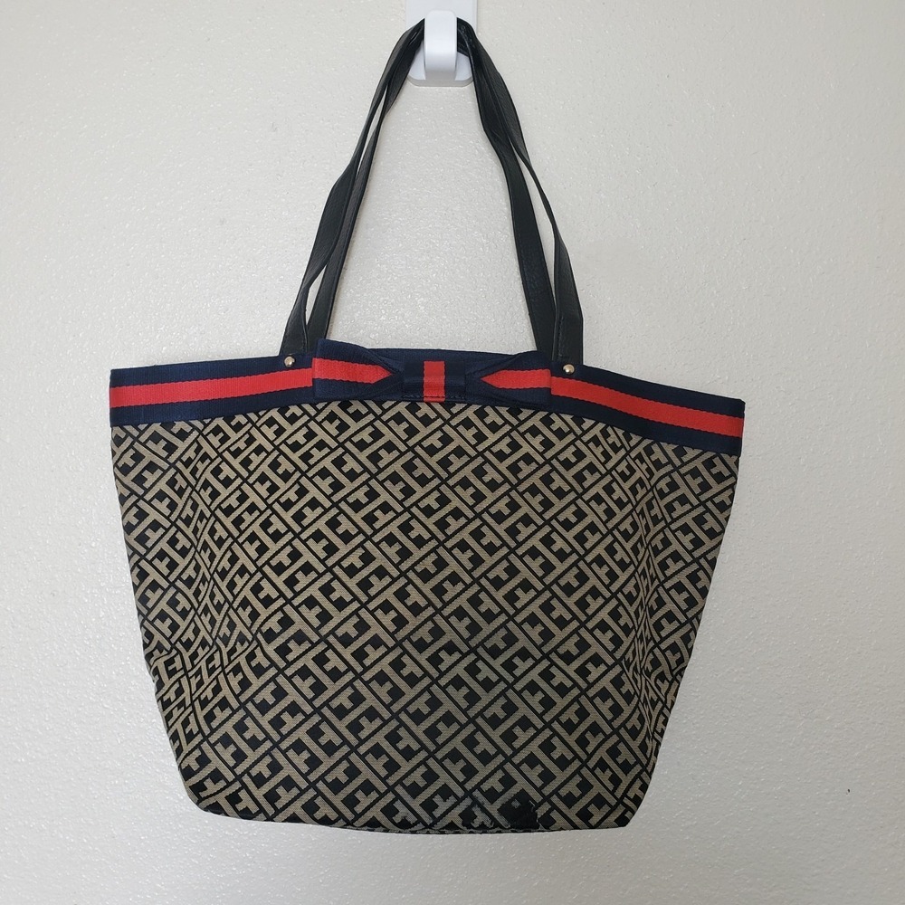 Tommy Hilfiger Monogram Jacquard Tote Bag Navy Tan Red Bow Ribbon Zip Top